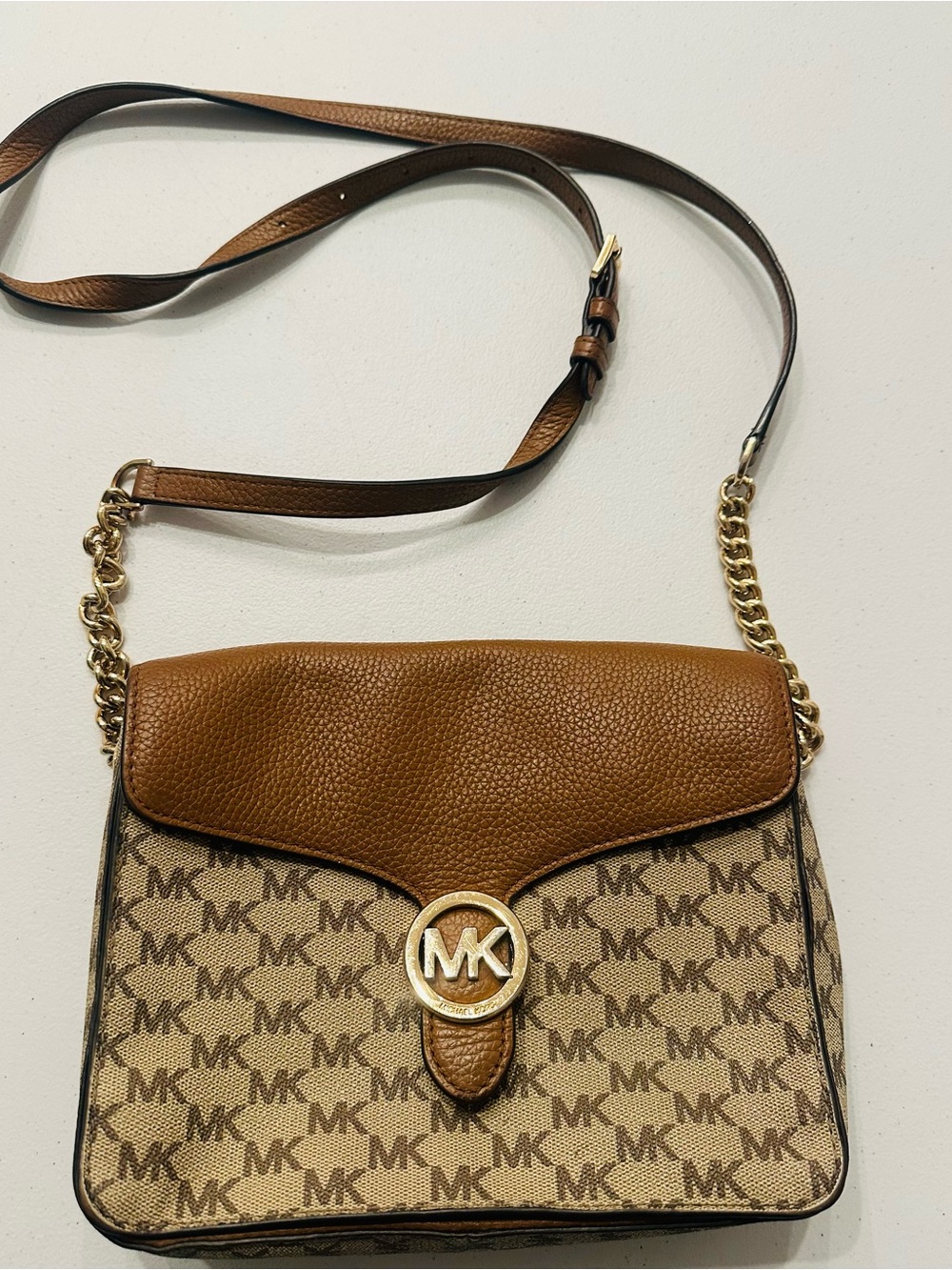 Michael Kors Tan & Beige Logo Crossbody with Gold Hardware